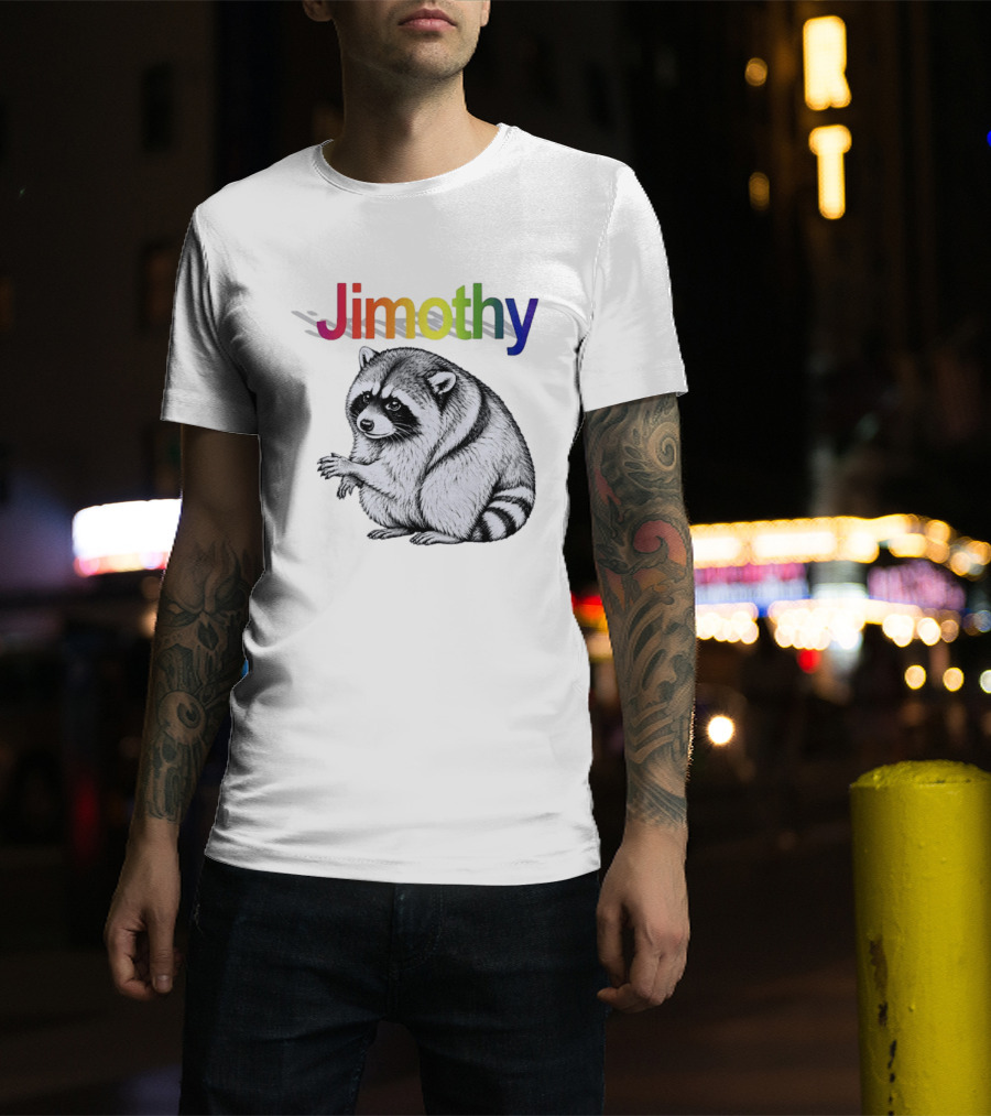 Jimothy Raccoon Rainbow Text With Illustrated Animal T-Shirt