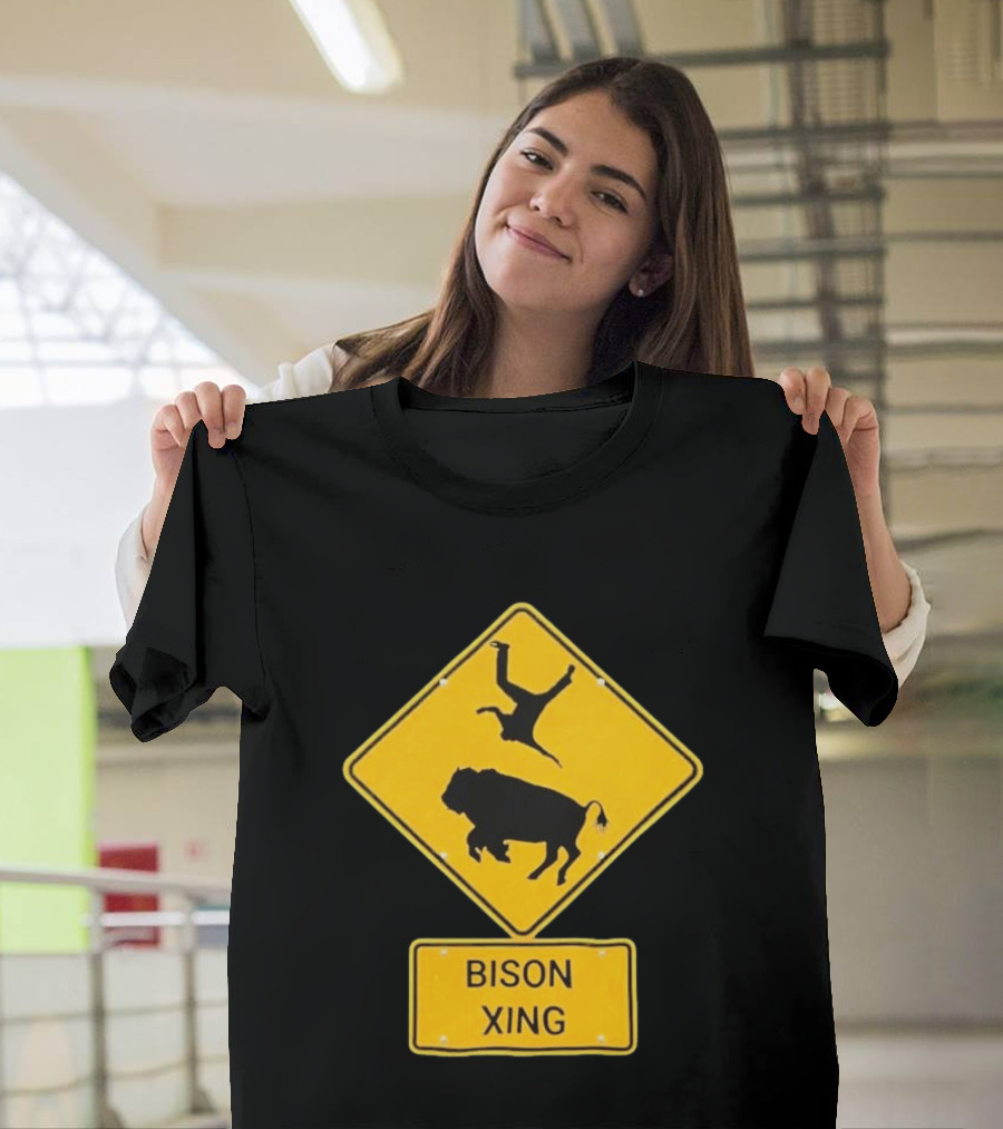 Bison Xing Road Sign With Pedestrian Warning T-Shirt