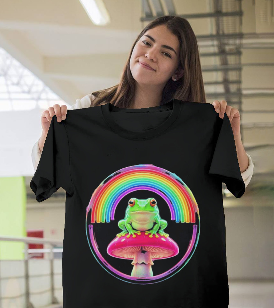 Neon Frog On Mushroom Under Vibrant Rainbow Circle T-Shirt