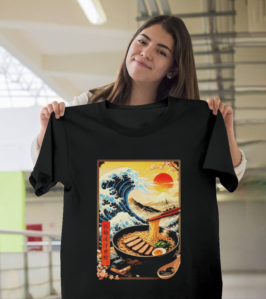 Great Wave Ramen Ukiyo E Japanese Noodles Cherry Blossoms Sun Mountain T-Shirt