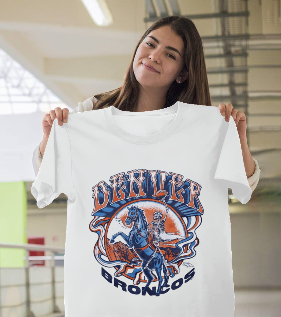 Denver Broncos Skeleton Horse Rider Football T-Shirt