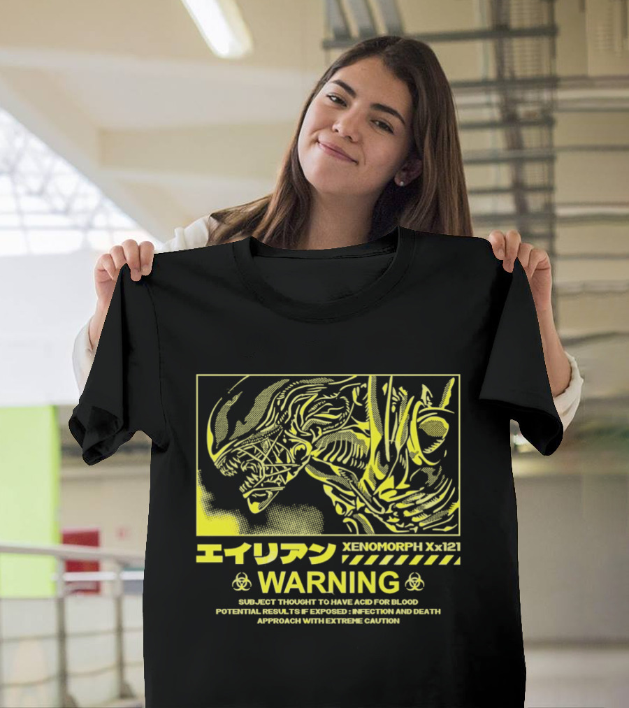 Alien Xenomorph Xx121 Acid Blood Warning Hazard Japan Text Yellow T-Shirt