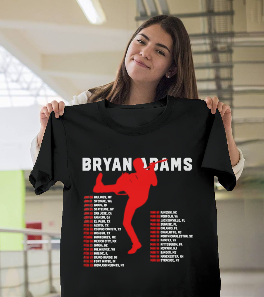 Bryan Adams Kicking Guitar With 2023 Tour Dates And Cities T-Shirt