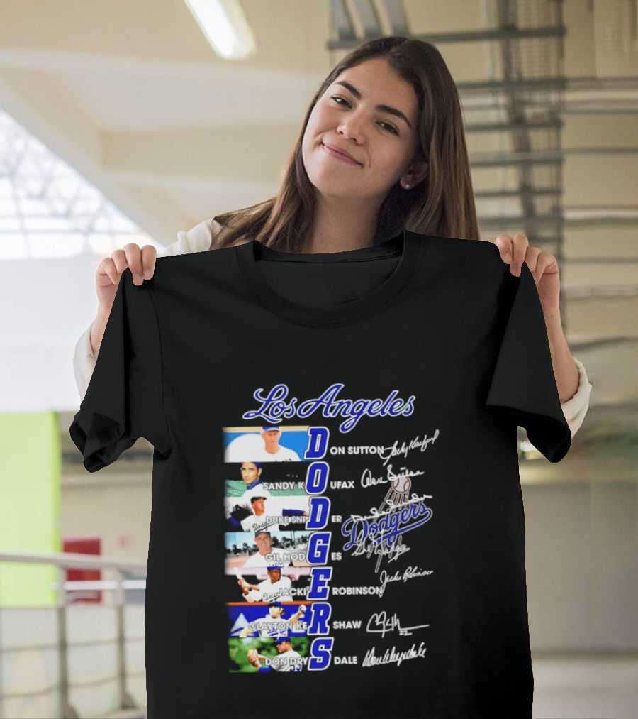Los Angeles Dodgers Don Sutton Sandy Koufax Duke Snider Gil Hodges Jackie Robinson Clayton Kershaw Don Drysdale Signatures T-Shirt