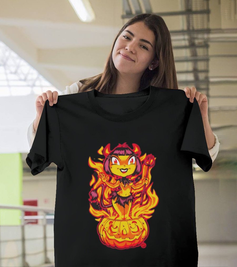Devil Girl In Jack O' Lantern Halloween Flames With Pitchfork And Tail T-Shirt