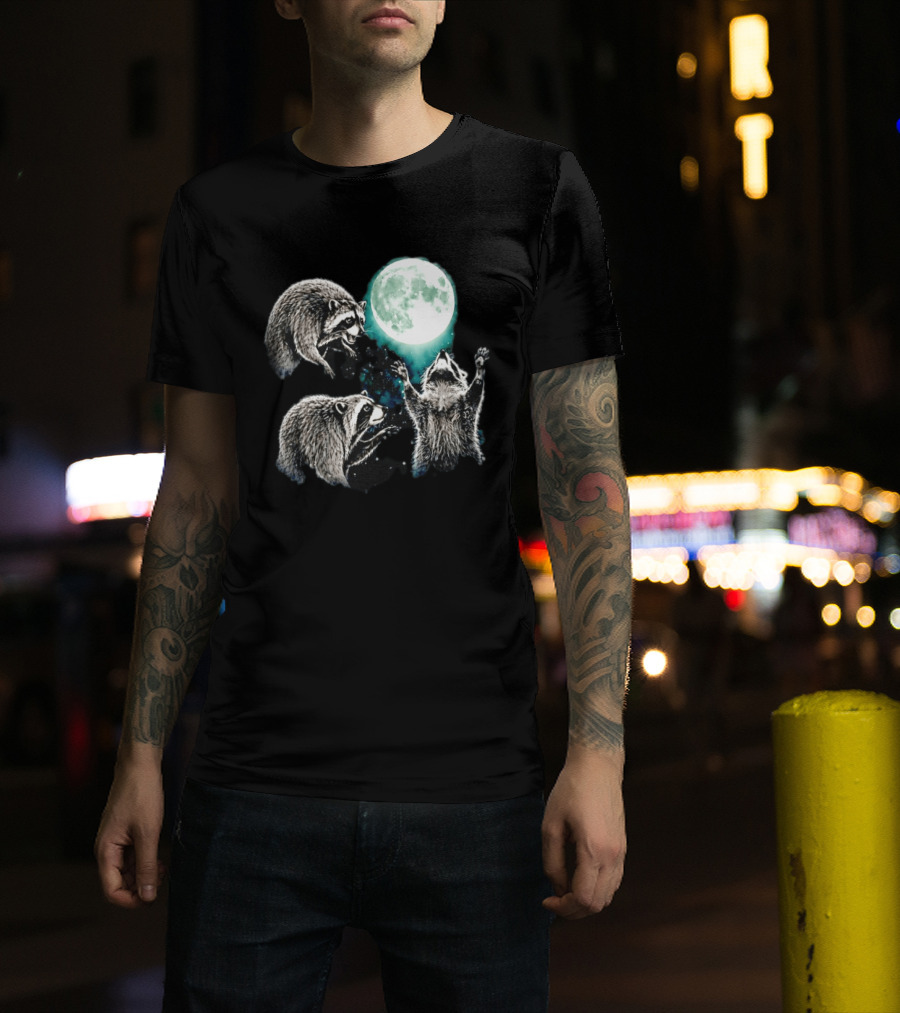 Jimothy Raccoon Moon Space Wolf Moon Trio Reaching For Full Moon T-Shirt