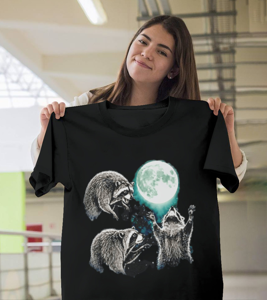 Jimothy Raccoon Moon Space Wolf Moon Trio Reaching For Full Moon T-Shirt