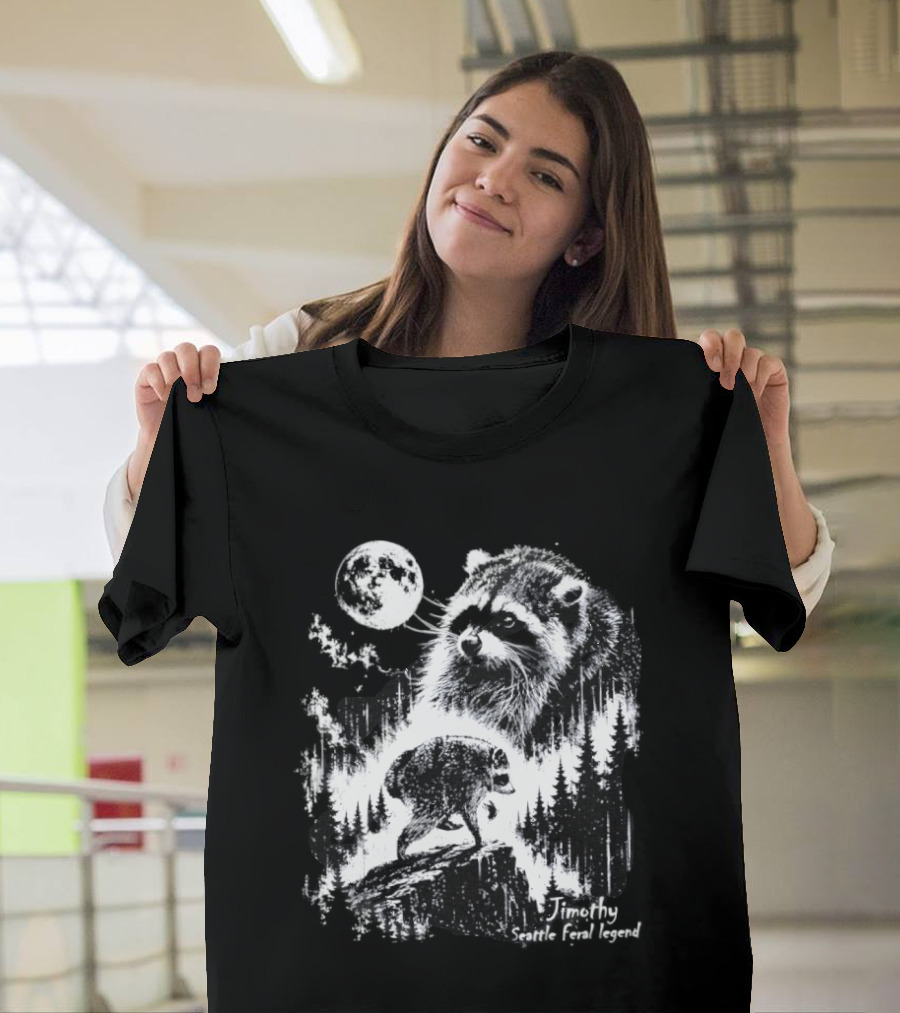 Jimothy Seattle Feral Legend Raccoon Moonlit Forest Wildlife Adventure T-Shirt