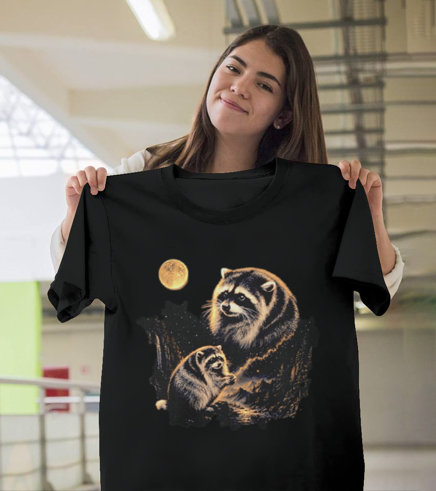 Raccoon And Moonlit Night Forest Wildlife Scene T-Shirt