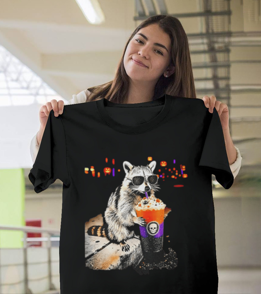 Raccoon With Sunglasses Enjoying Halloween Frappe With Skull Cup And Pumpkin T-Shirt