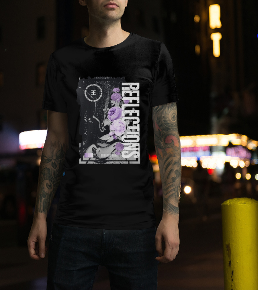 Reflections Peroxide Floral Typography With Purple Roses And Abstract Black And White T-Shirt