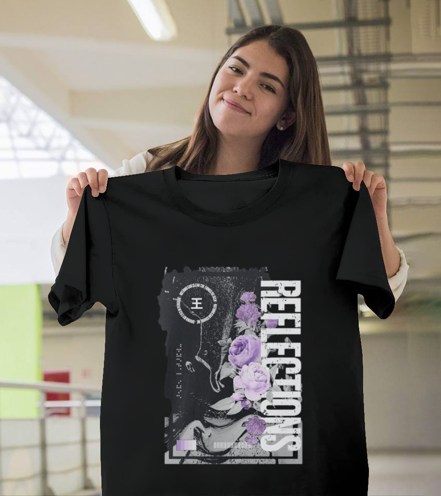Reflections Peroxide Floral Typography With Purple Roses And Abstract Black And White T-Shirt