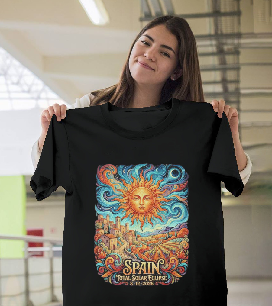 Spain Total Solar Eclipse 8 12 2026 Sun And Moon Celestial Village T-Shirt