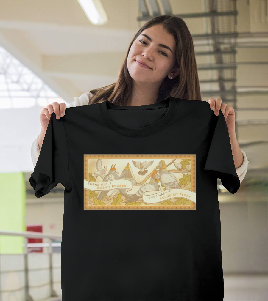 Turns Out I Wasn't Broken I Just Hadn't Found My Flock Pigeon Funny Vintage Style Banner With Autumn Leaves T-Shirt