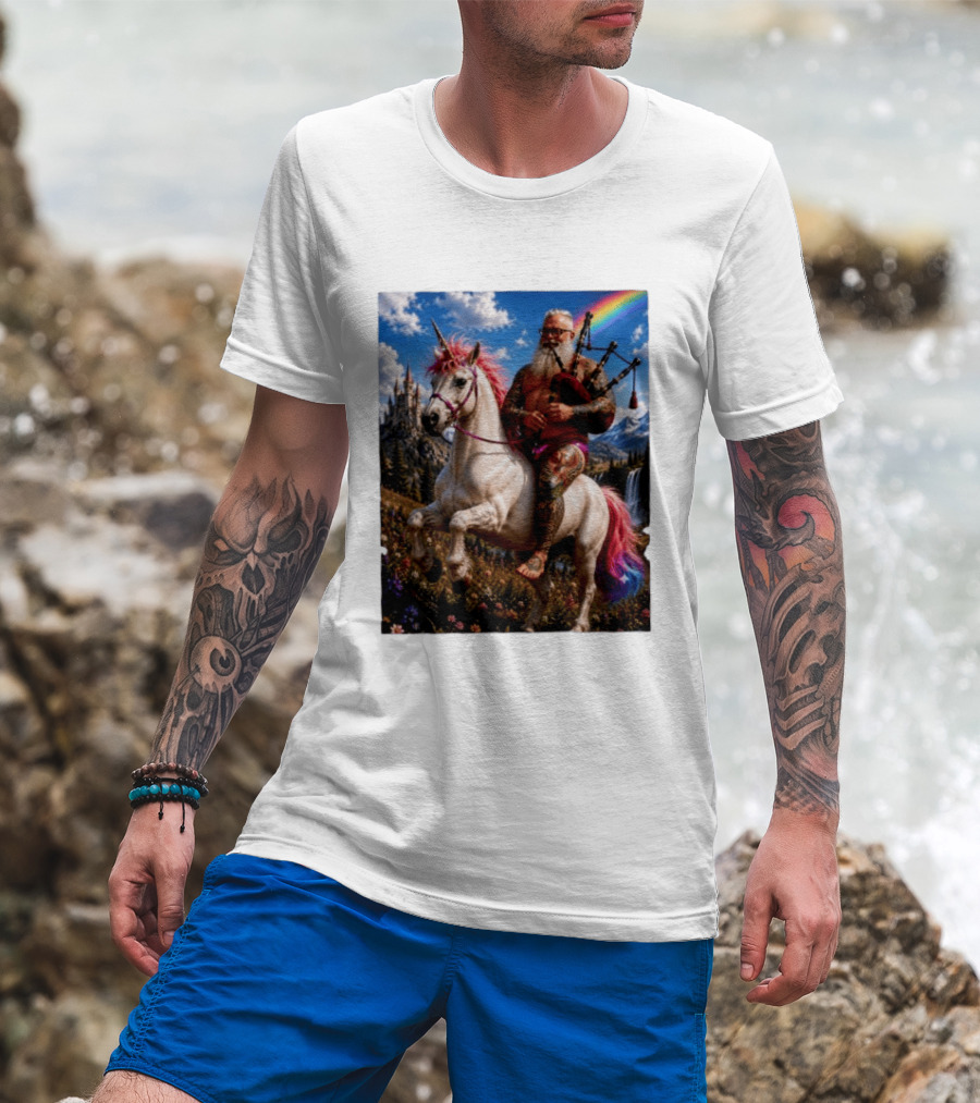 Bearded Scotsman Playing Bagpipes Riding A Rainbow Unicorn In Enchanted Castle Landscape T-Shirt