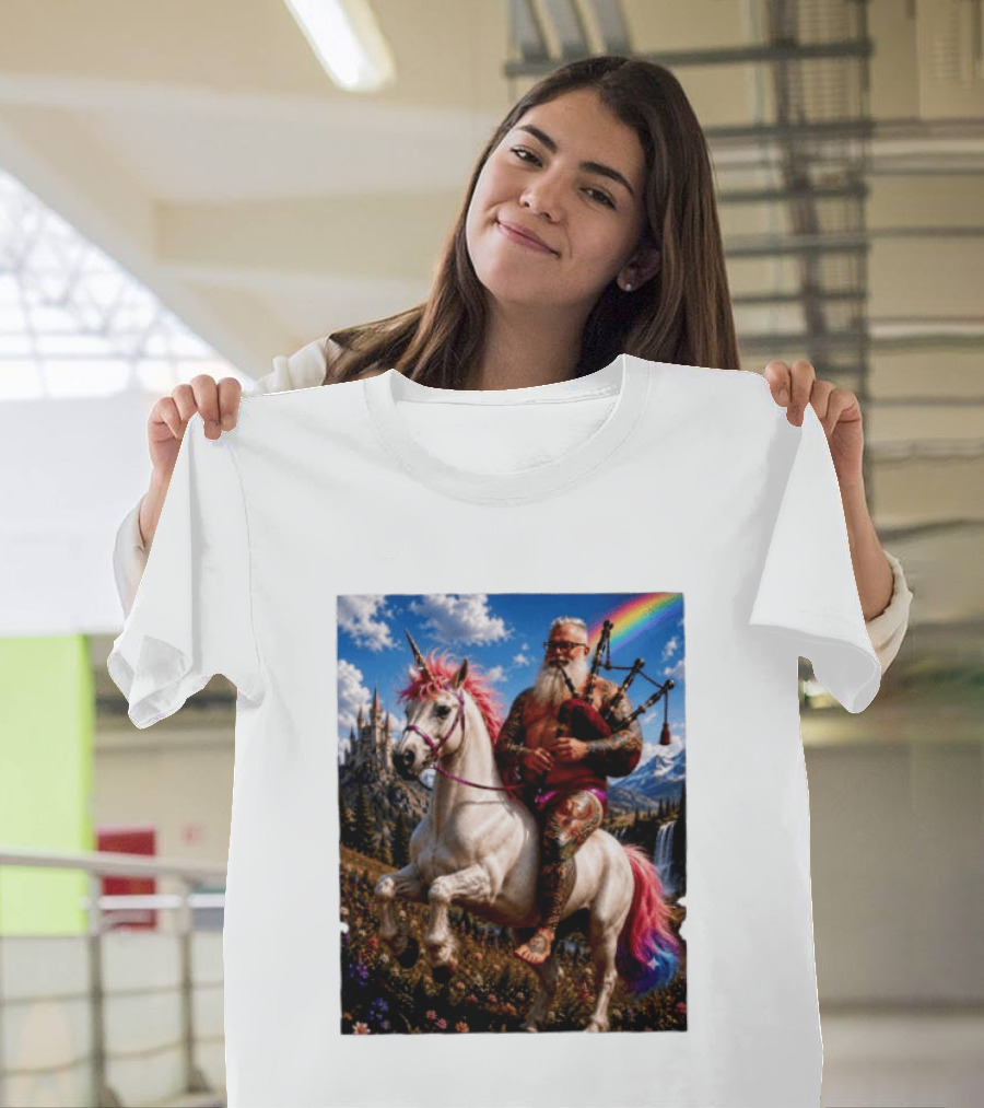 Bearded Scotsman Playing Bagpipes Riding A Rainbow Unicorn In Enchanted Castle Landscape T-Shirt