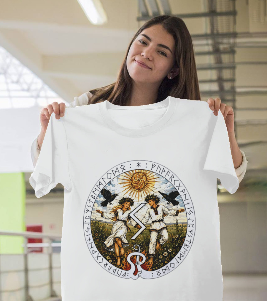 Seidr Sun Wheel Futhark Runes Pagan Folk Norse Mythology Ravens And Dancing Figures T-Shirt