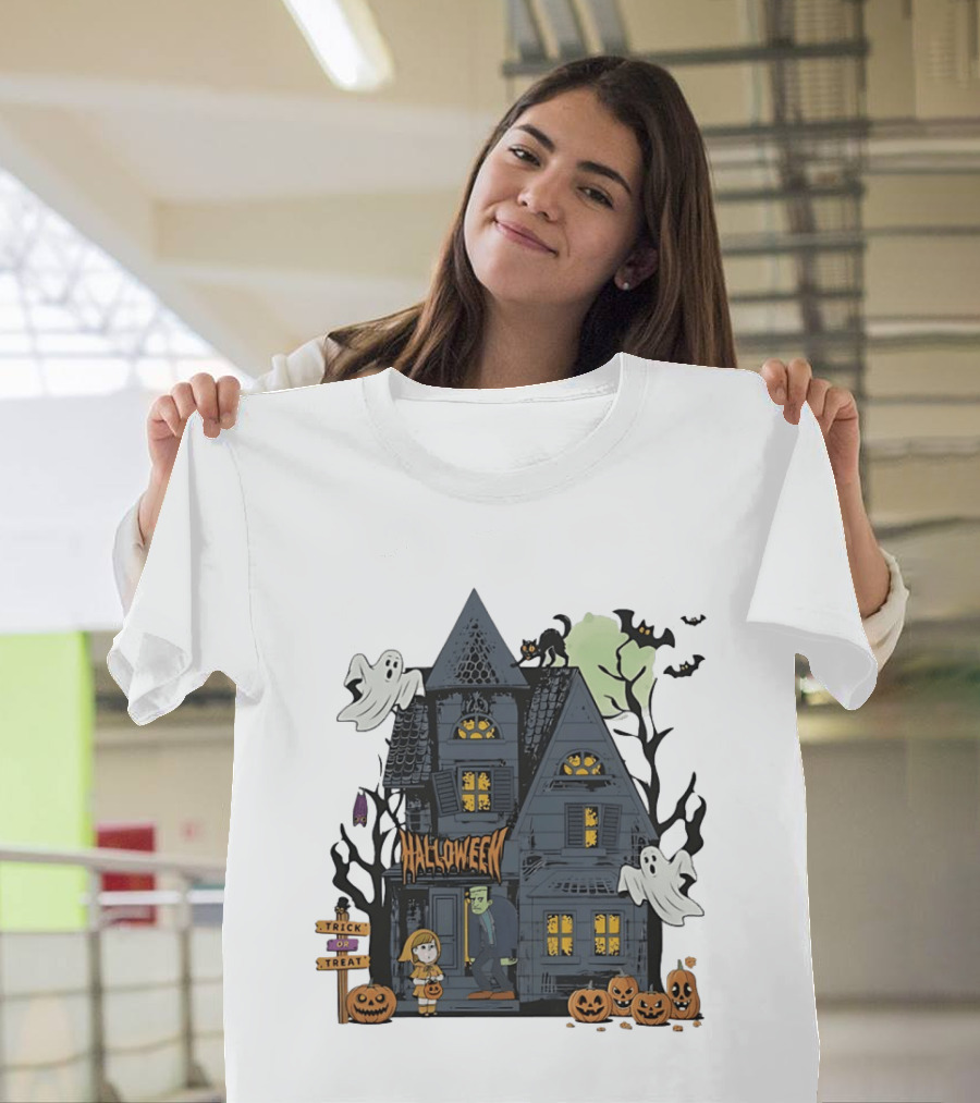 Halloween Haunted House With Frankenstein Trick Or Treat Ghosts And Pumpkins T-Shirt