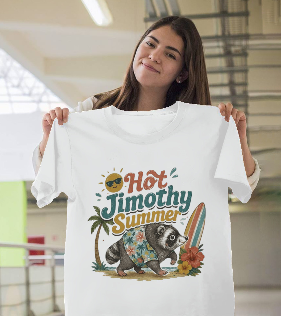 Hot Jimothy Summer Raccoon Tropical Surfing Vibes Vintage Paradise T-Shirt