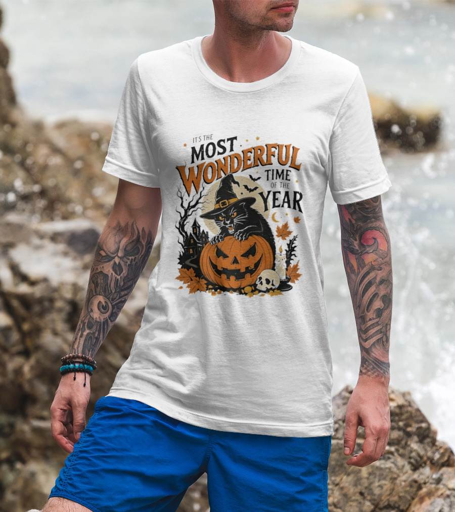 It's The Most Wonderful Time Of The Year Witch Cat And Pumpkin Halloween T-Shirt