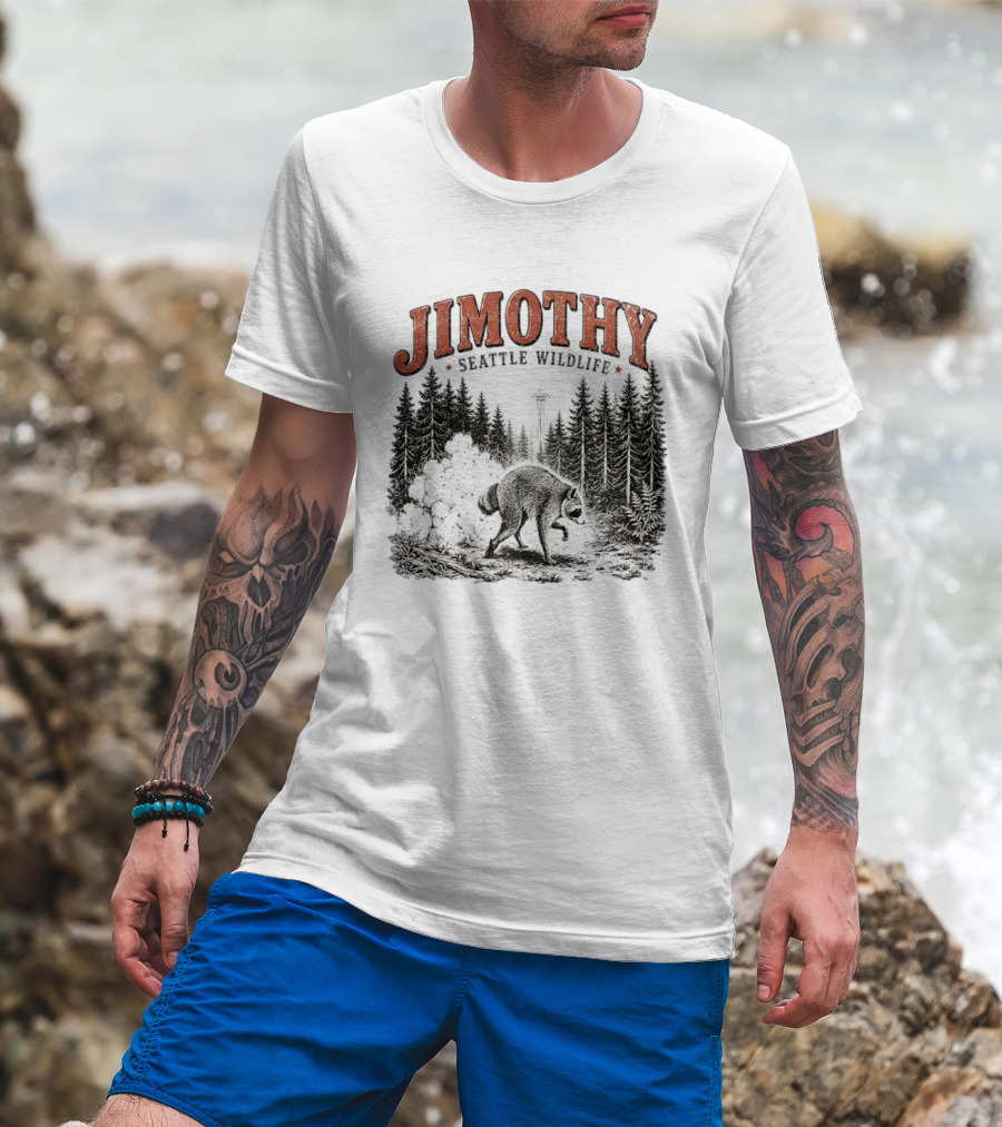 Jimothy Seattle Wildlife Raccoon With Space Needle Forest Scene T-Shirt