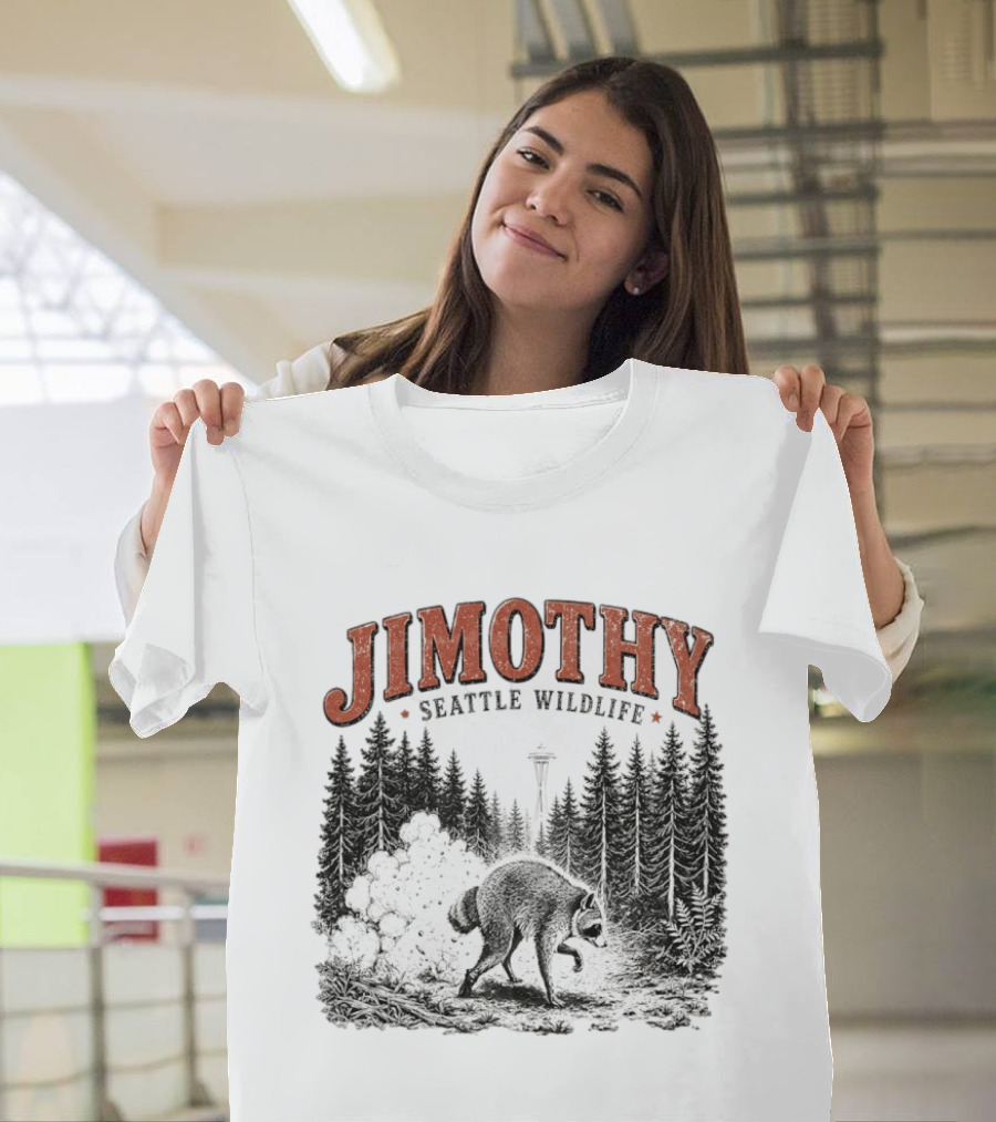 Jimothy Seattle Wildlife Raccoon With Space Needle Forest Scene T-Shirt