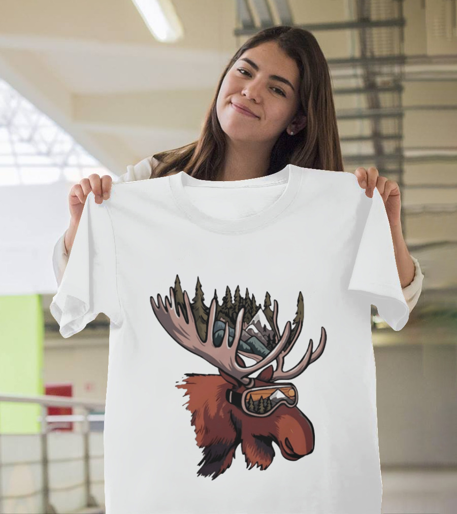 Moose With Ski Goggles And Mountain Forest Antlers Adventure Scene T-Shirt
