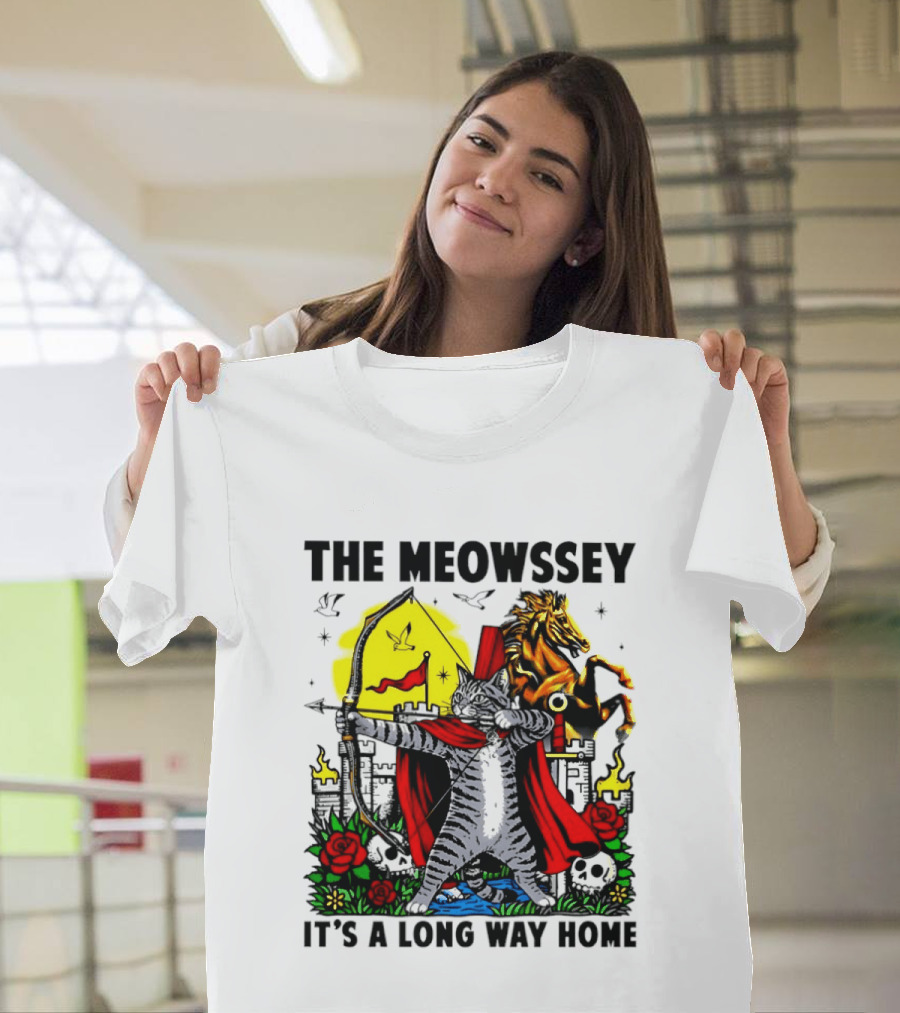 The Meowssey It's A Long Way Home Cat Archer With Red Cape And Horse T-Shirt