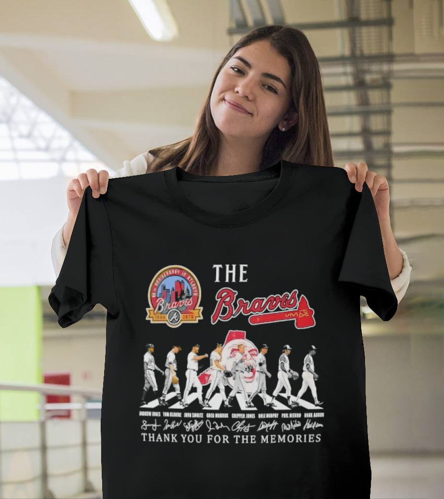 Atlanta Braves 60th Anniversary Legends Hank Aaron John Smoltz Greg Maddux Chipper Jones Thank You For The Memories T-Shirt