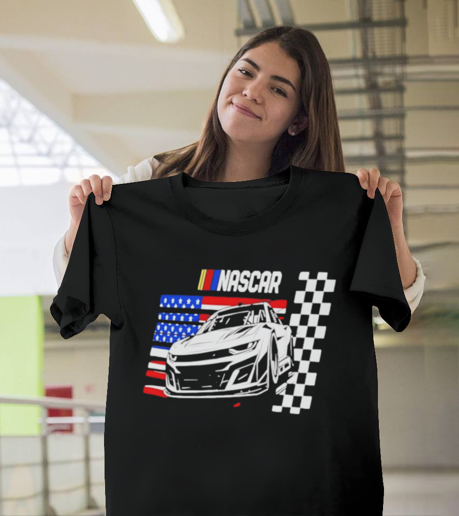 Nascar Race Car American Flag Checkered Flag T-Shirt