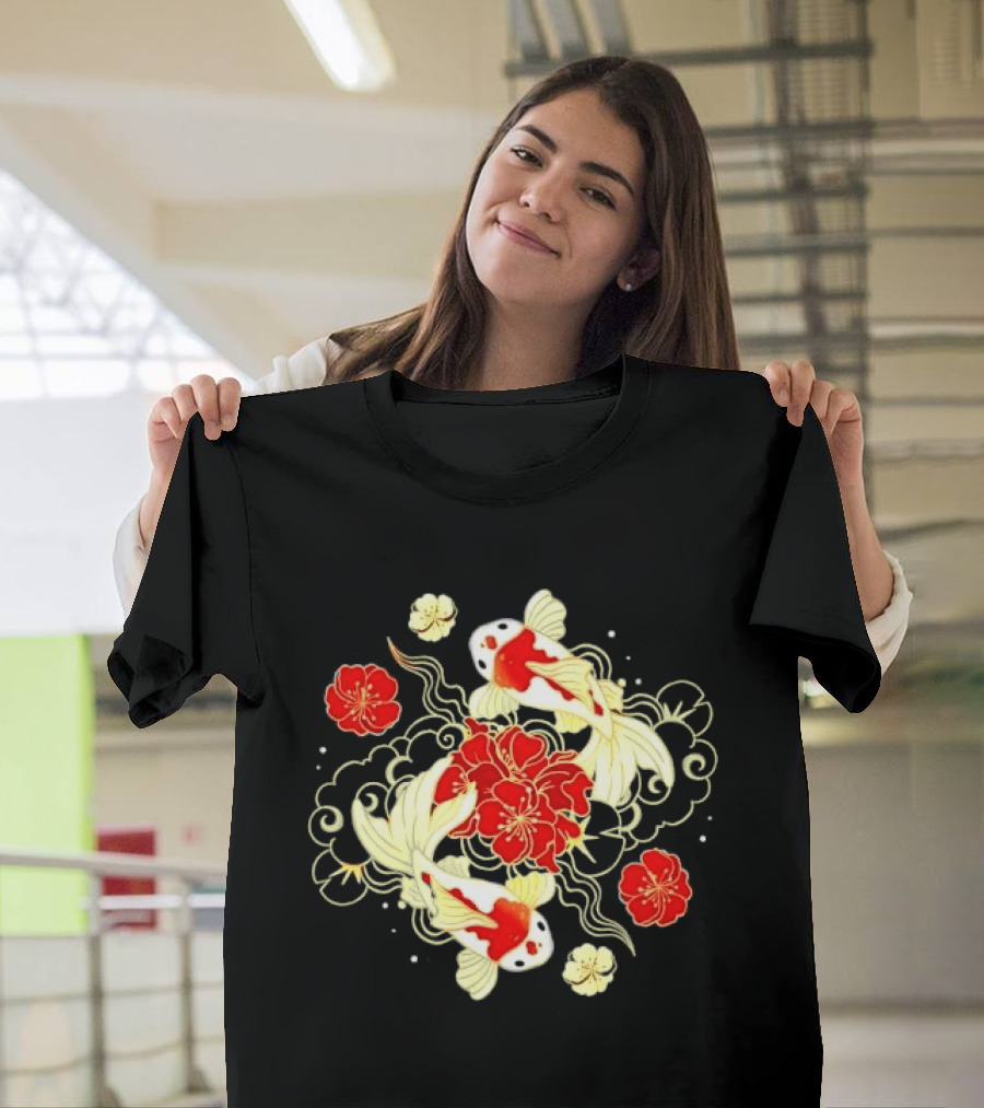 Koi Fish With Red And White Japanese Flowers T-Shirt
