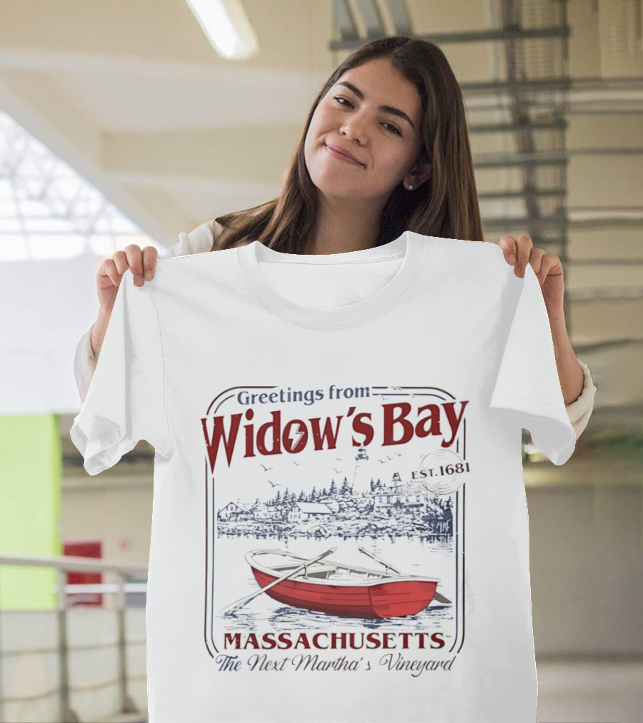 Greetings From Widow's Bay Massachusetts Est 1681 Martha's Vineyard Boat And Lighthouse T-Shirt