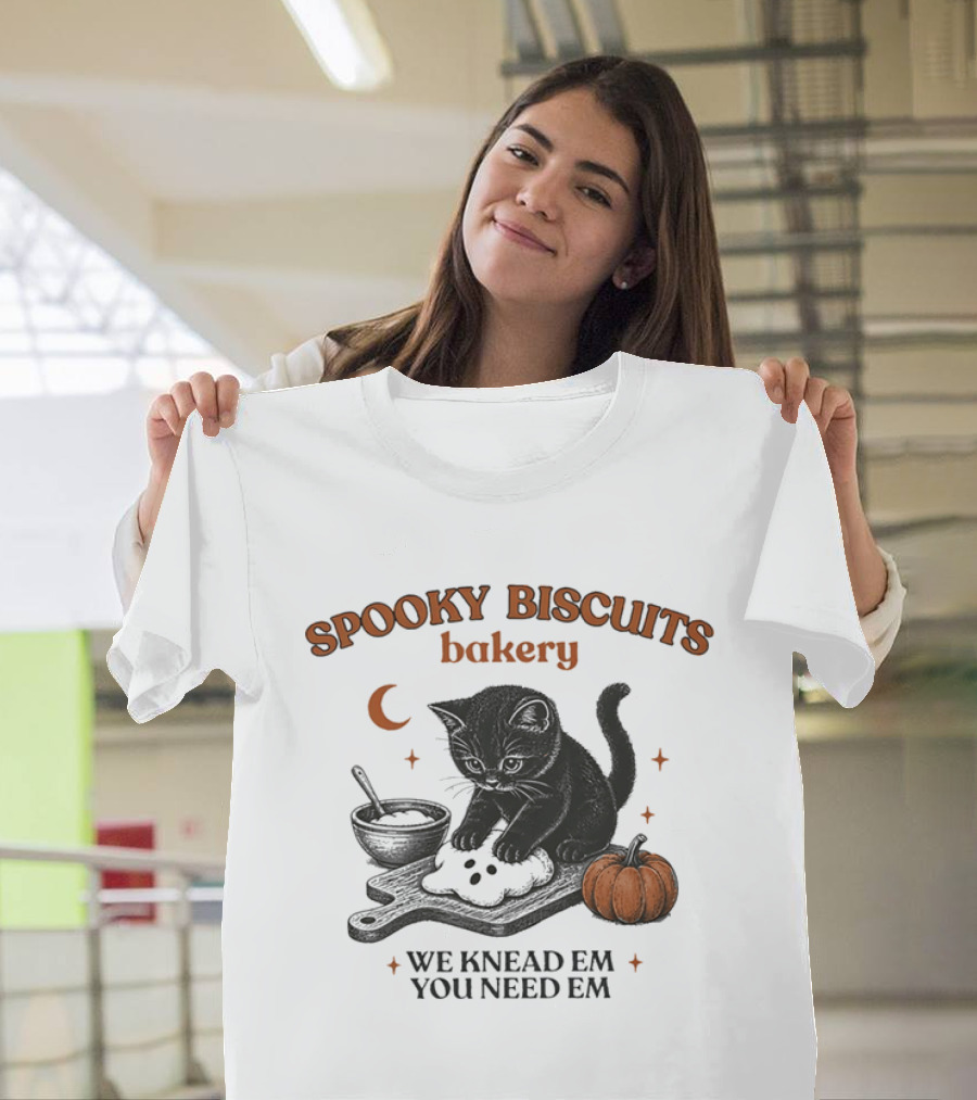 Spooky Biscuits Bakery We Knead Em You Need Em Cat Pumpkin Moon T-Shirt