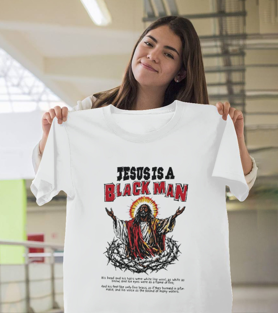 Jesus Is A Black Man Head And Hairs White Wool Snow Eyes Flame Fire T-Shirt