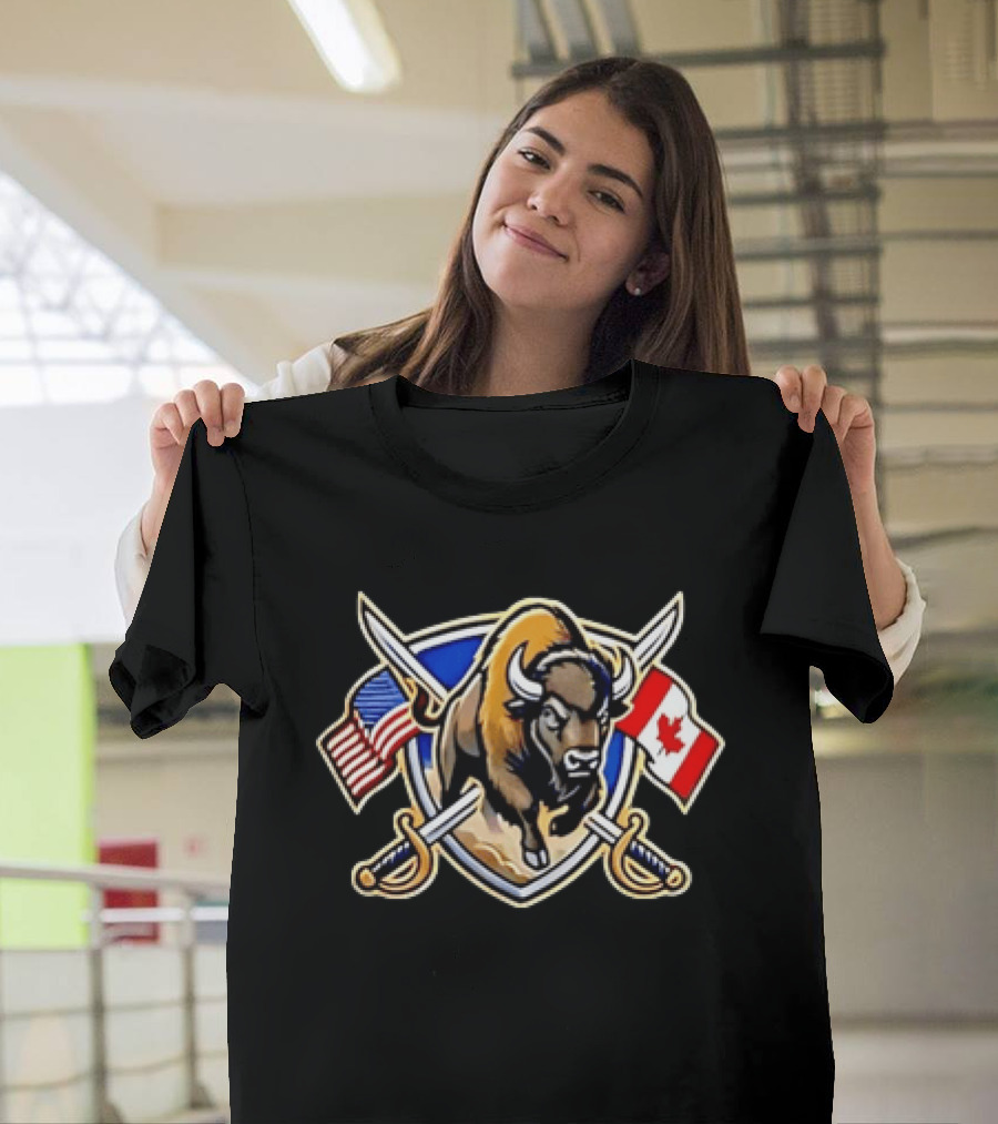 Buffalo Bison US Canada Flags North American Crossed Sabers T-Shirt