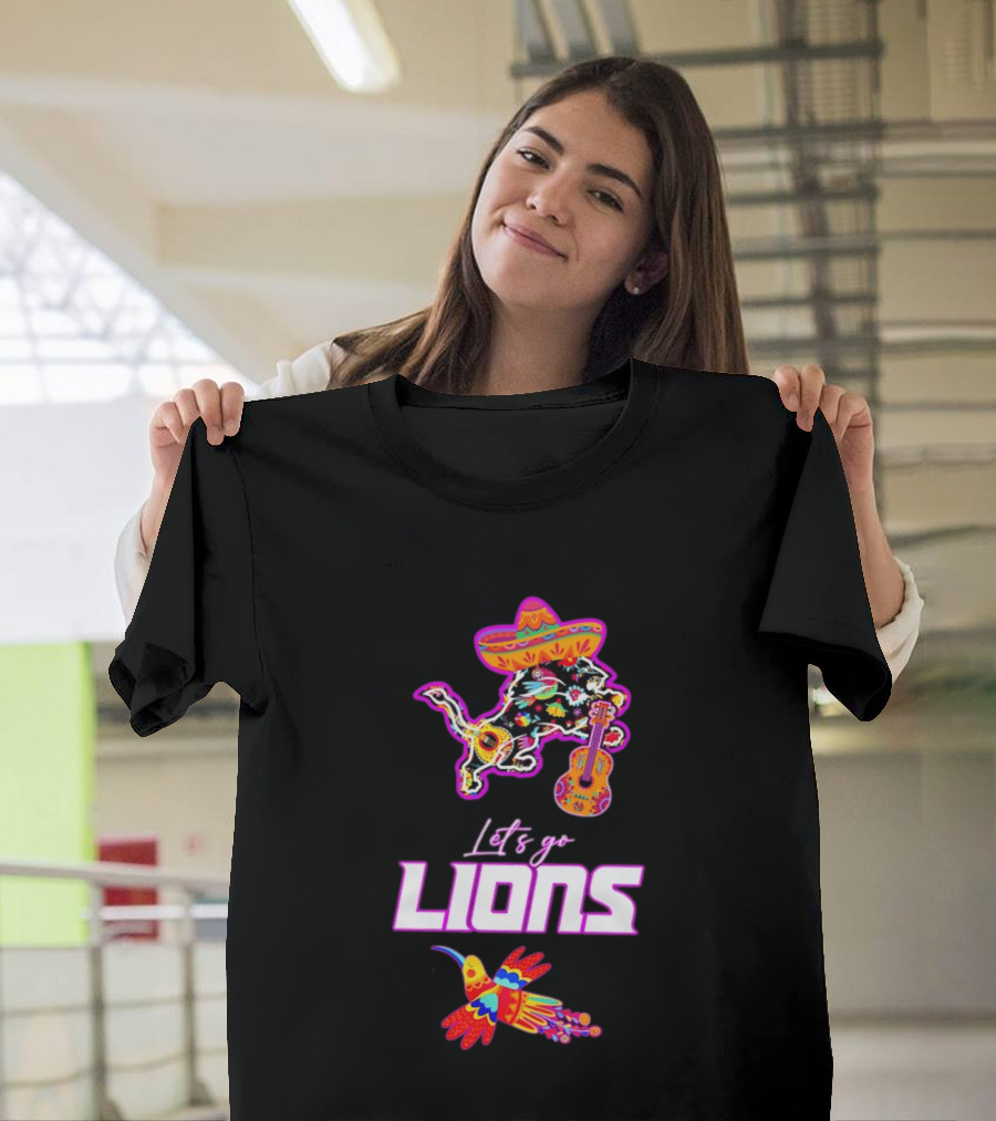 Let's Go Lions Hispanic Heritage Fiesta Mexican Folk Sombrero And Guitar T-Shirt