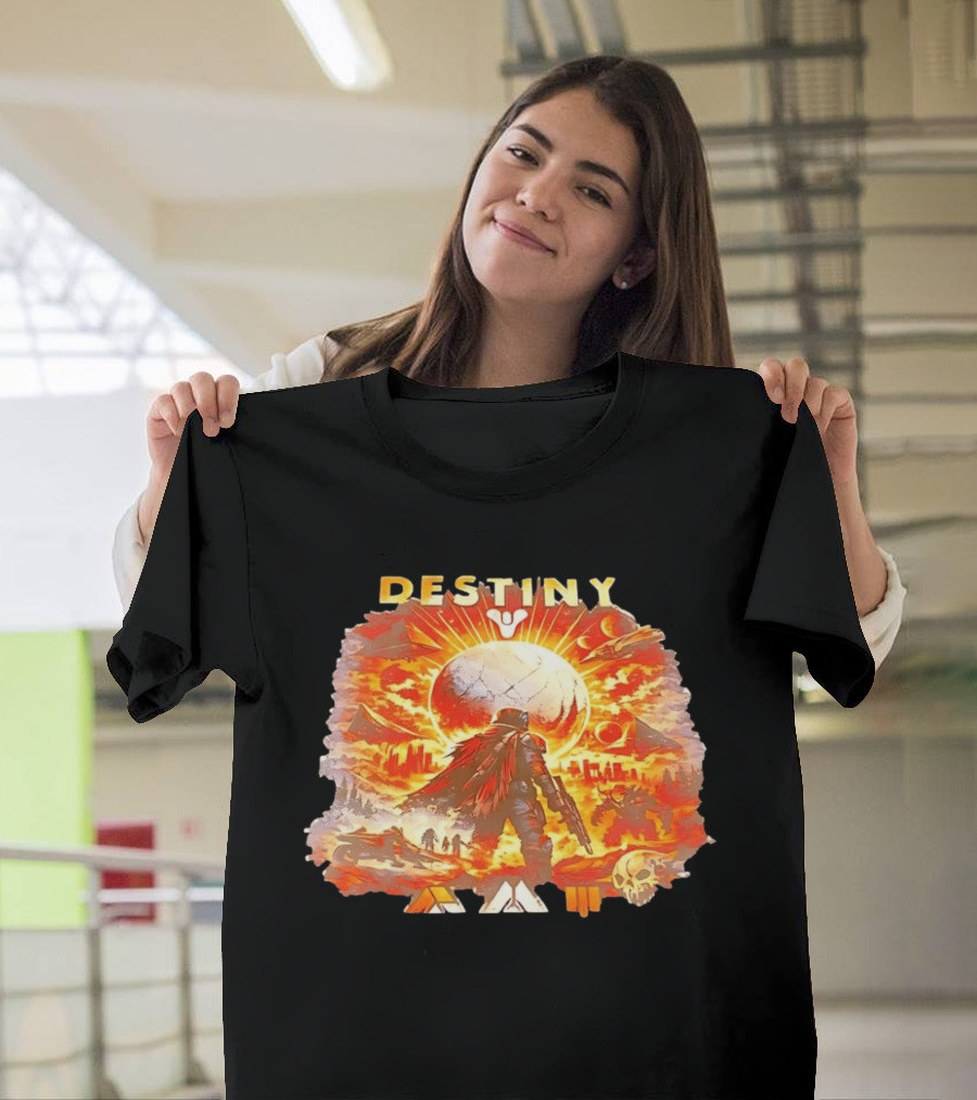 Destiny 3 Guardian Fireteam Solar Battle Scene With Traveler Sky Planet And Skull T-Shirt