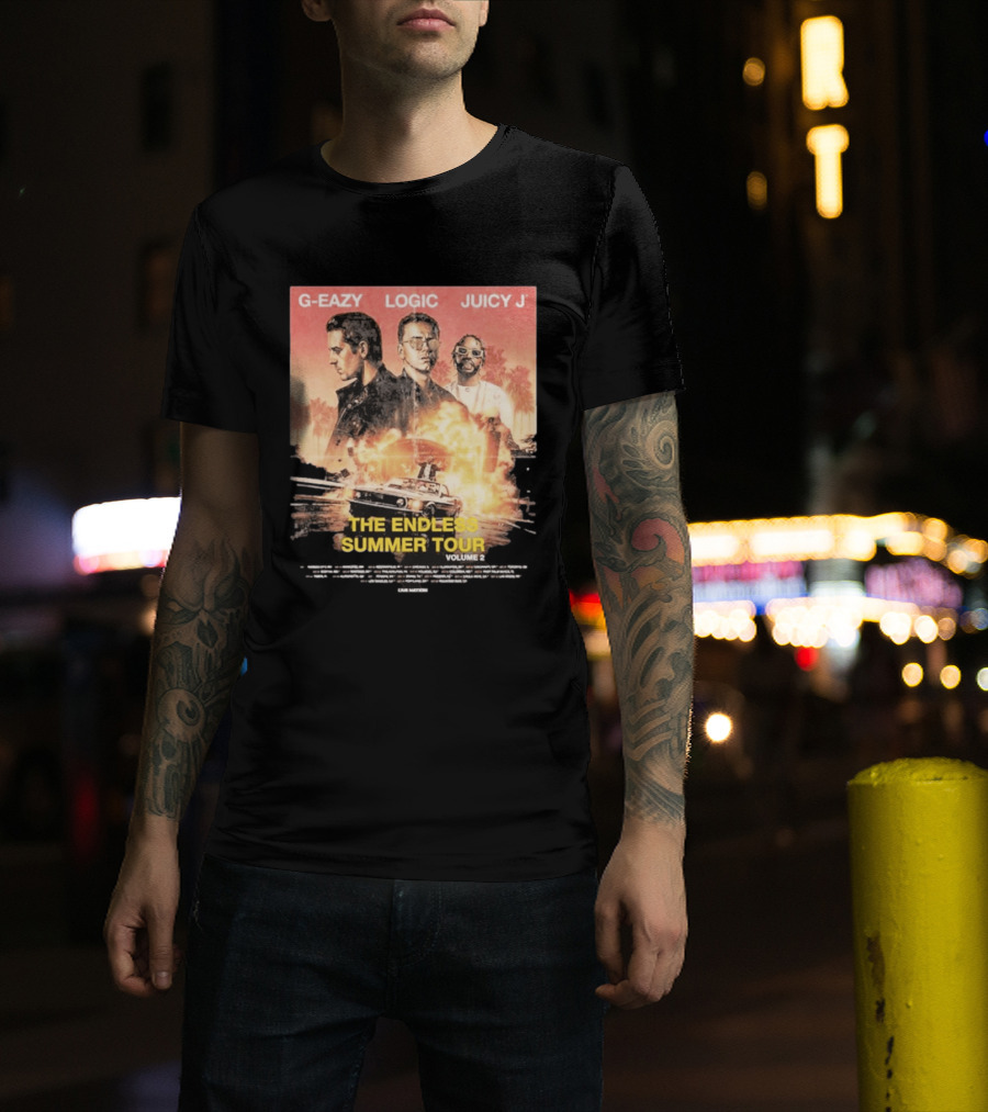 G Eazy Logic Juicy J The Endless Summer Tour Volume 2 2026 Retro Car Palm Trees T-Shirt