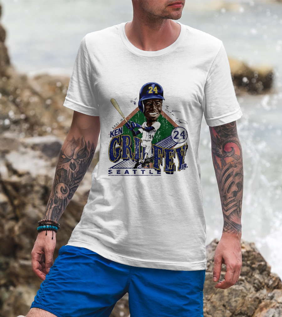 Ken Griffey Jr. Seattle Mariners 24 Baseball Batting Illustration Bruce Stark Collection T-Shirt