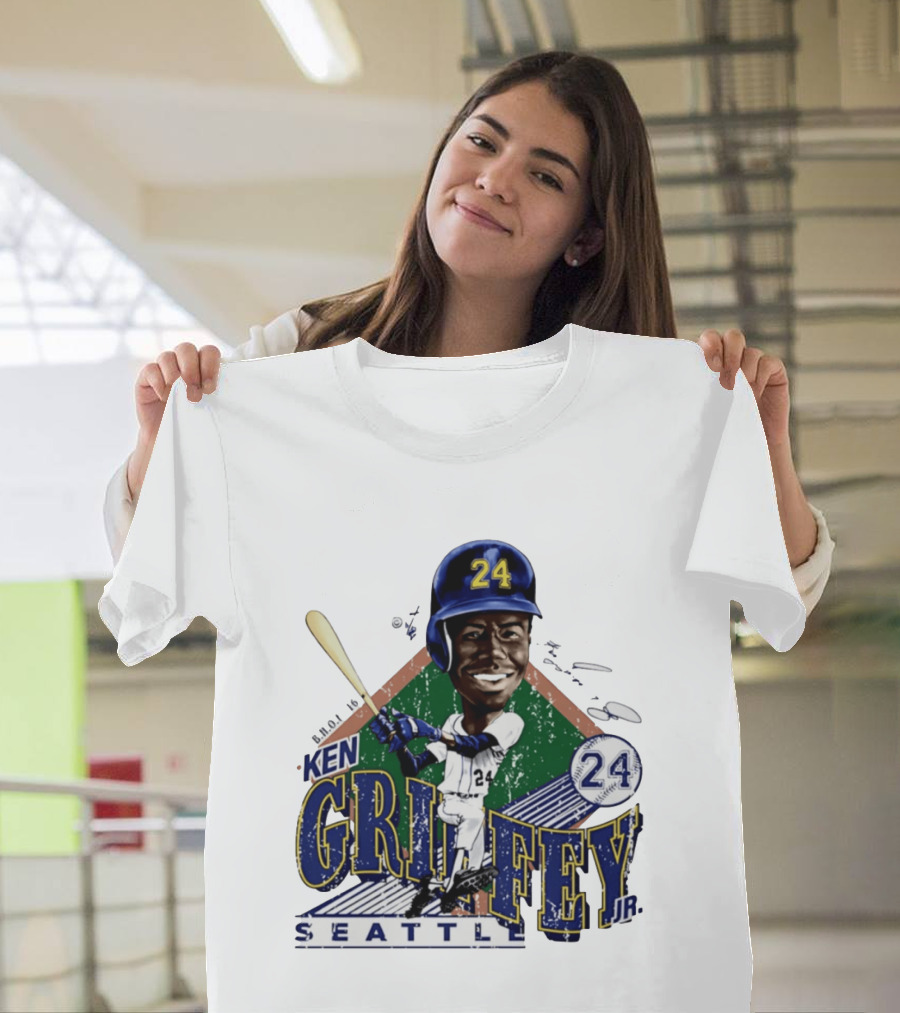 Ken Griffey Jr. Seattle Mariners 24 Baseball Batting Illustration Bruce Stark Collection T-Shirt
