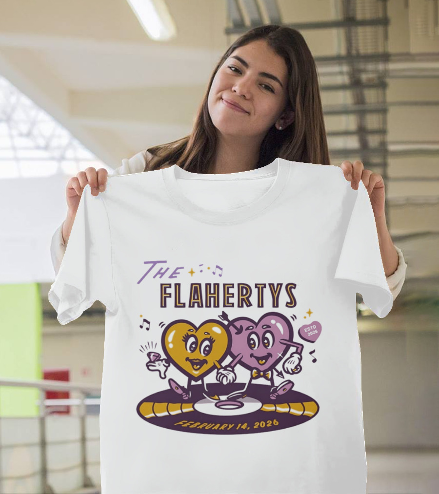 The Flahertys February 14 2026 Dancing Wedding Hearts With Music Notes T-Shirt