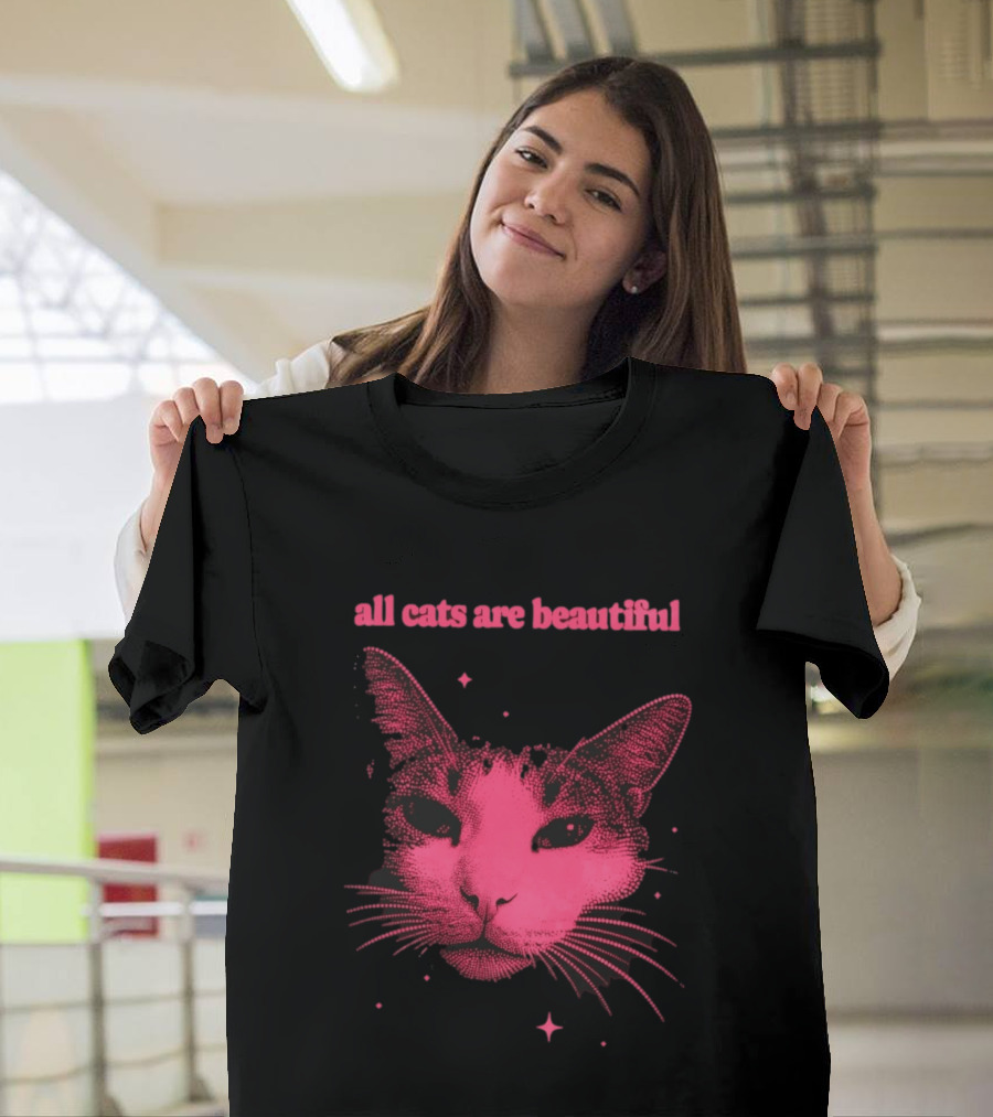 All Cats Are Beautiful Pink Halftone Cat Face With Stars T-Shirt