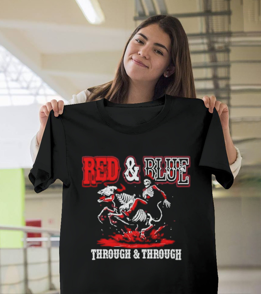 Red And Blue Through And Through Skeleton Cowboy Riding Horse T-Shirt