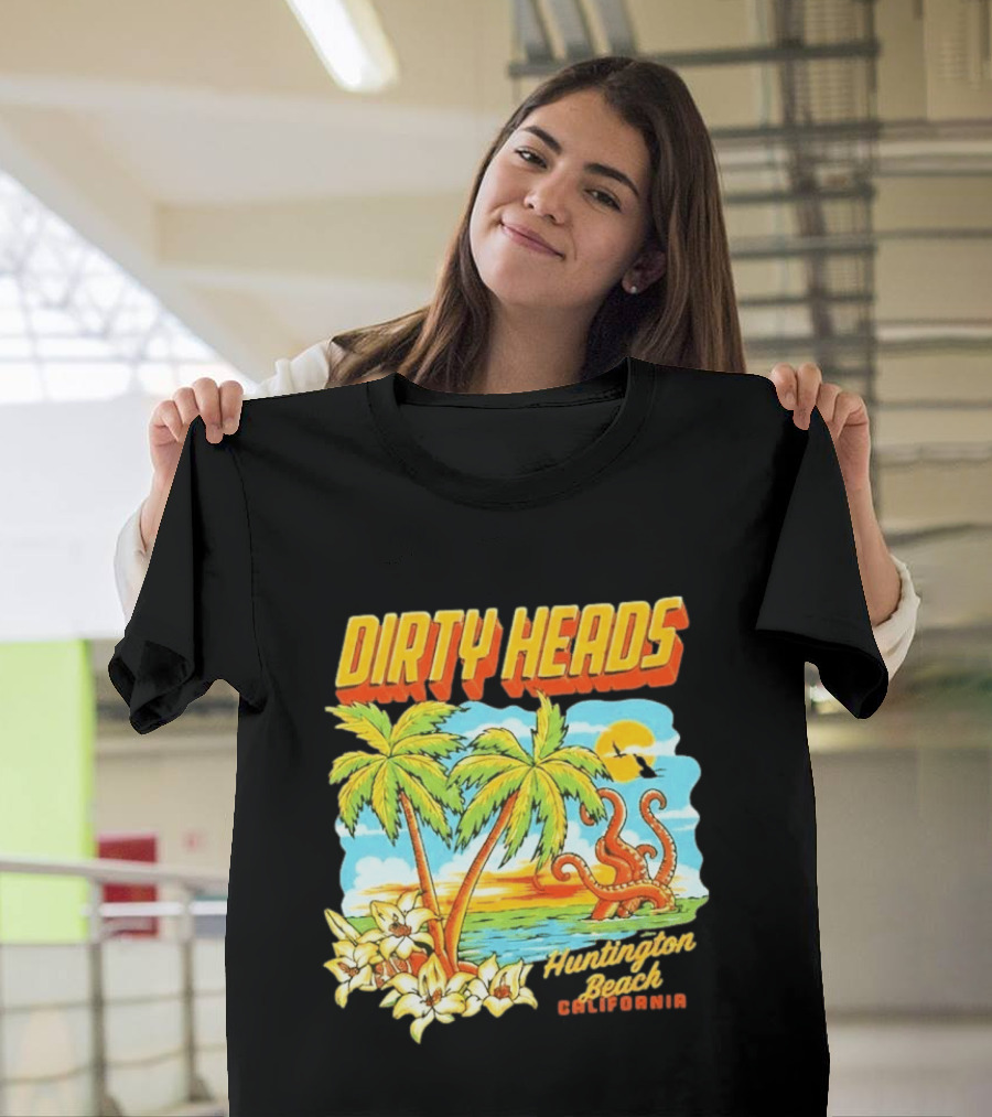 Dirty Heads Tropical Beach Palm Trees Ocean Sunset Octopus Huntington Beach California T-Shirt