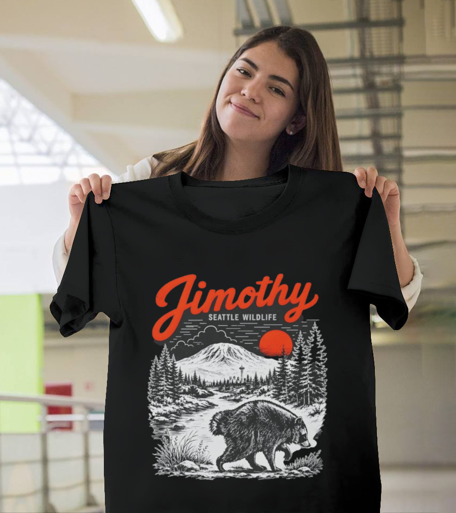 Jimothy Seattle Wildlife Raccoon With Mountain And Space Needle T-Shirt