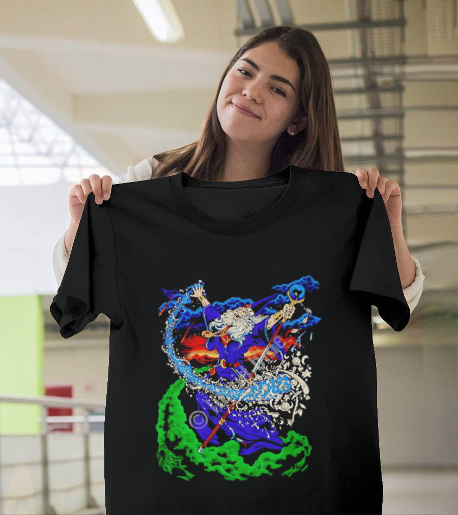 Wizard Casting Magic Conjuring Galaxies Fantasy Aurora Sky T-Shirt
