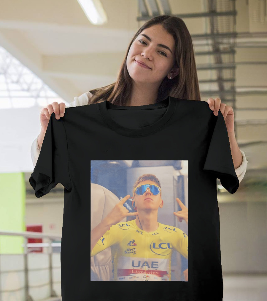 Tadej Pogačar In UAE Emirates Tour De France LCL Yellow Jersey With Sunglasses T-Shirt