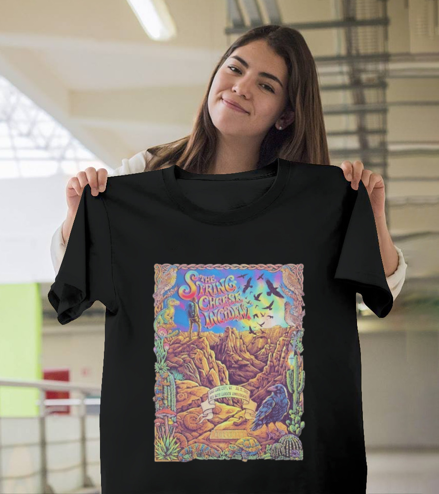 The String Cheese Incident Salt Lake City Utah Red Butte Garden Amphitheatre July 22 2026 Psychedelic Desert Scene With Wildlife And Cactus T-Shirt