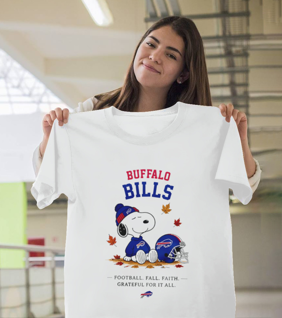 Buffalo Bills Snoopy Football Fall Faith Grateful For It All Leaves T-Shirt