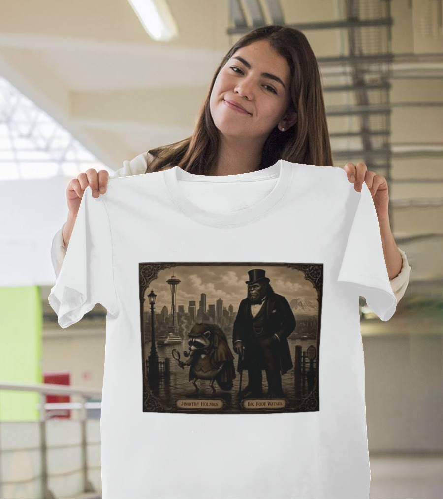 Jimothy Holmes Bigfoot Watson In Vintage Detective Scene Seattle Skyline T-Shirt